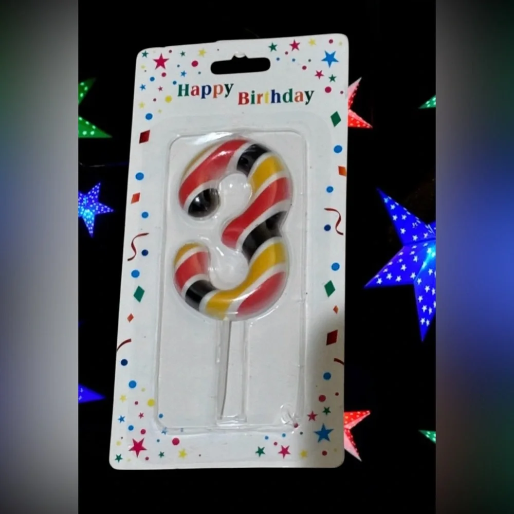Striped Number 3 Birthday Party Candle Cake Topper - Red, Yellow, and Black